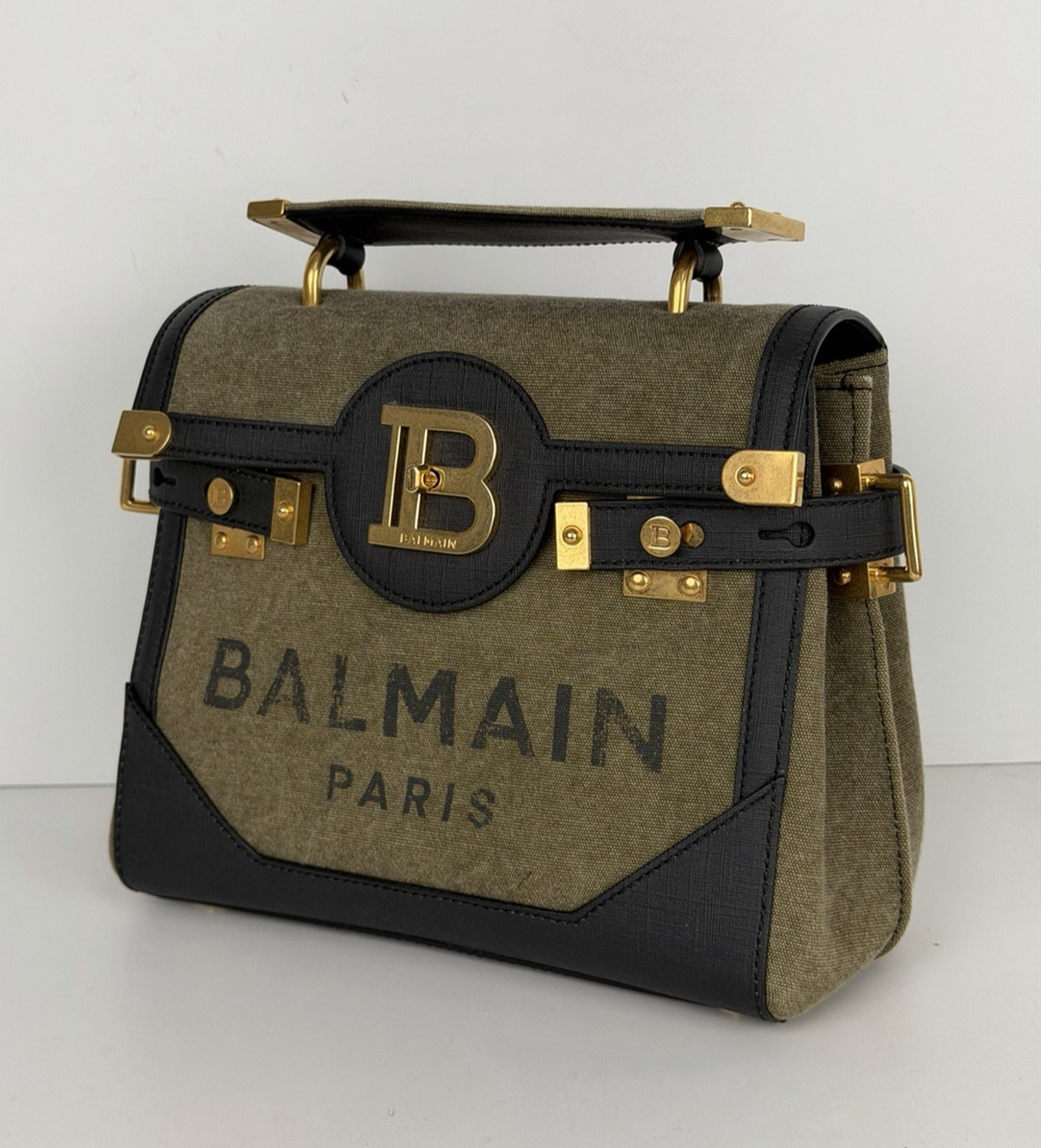 Balmain B-Buzz 23 Bag in Khaki Canvas & Black Leather with Gold-Tone Hardware S4